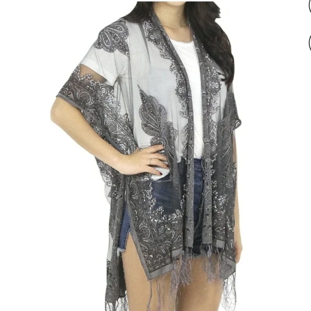 Pretty Persuasions Burnout Paisley Print Kimono Jacket OS Boho Festival Fringed